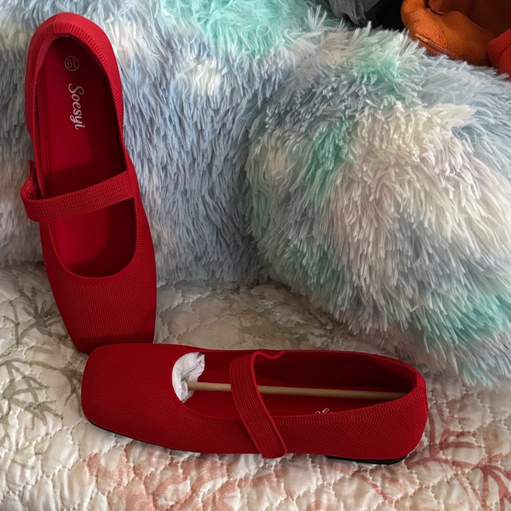 Red Mary Jane Flats - Women's Lightweight Slip-On - Picture 2 of 3